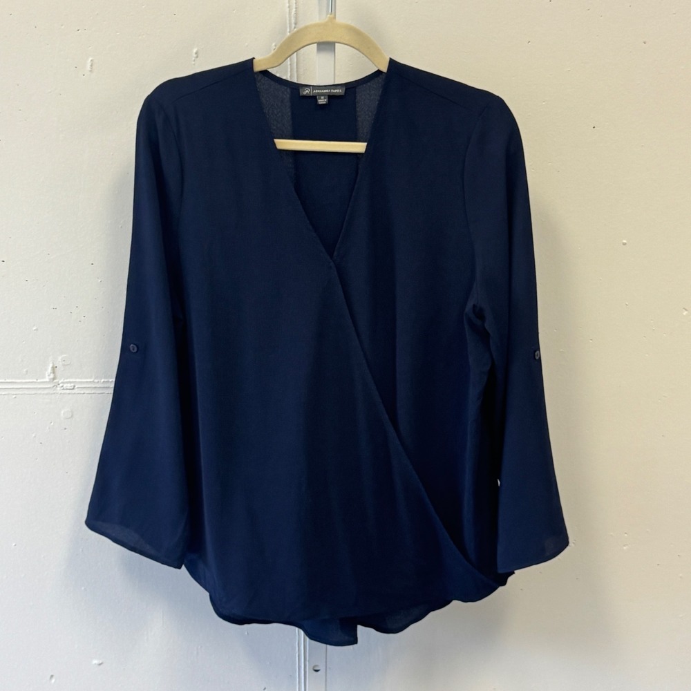Adrianna Papell Navy Blue Surplice V-Neck Roll Tab Sleeve Blouse M AD1S300511